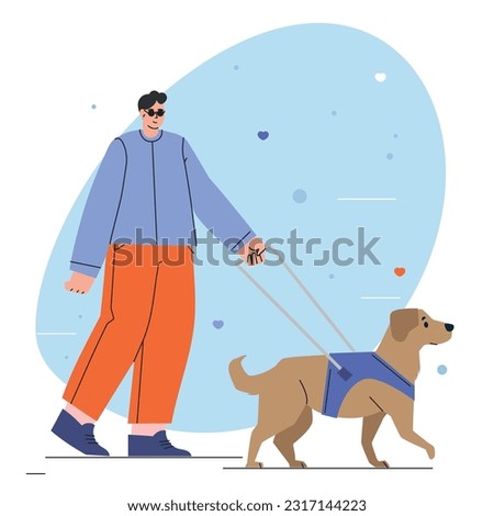 Woman with a guide dog walking. Person who is visually impaired or blind person with seeing-eye labrador. Isolated flat vector illustrationWorld Disability Day. People with Disabilities