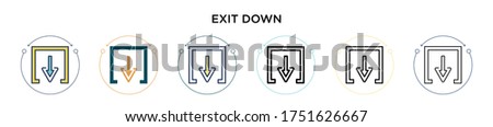 Exit down icon in filled, thin line, outline and stroke style. Vector illustration of two colored and black exit down vector icons designs can be used for mobile, ui, web