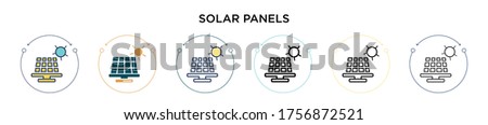 Solar panels icon in filled, thin line, outline and stroke style. Vector illustration of two colored and black solar panels vector icons designs can be used for mobile, ui, web