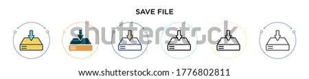 Save file icon in filled, thin line, outline and stroke style. Vector illustration of two colored and black save file vector icons designs can be used for mobile, ui, web