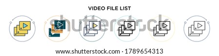 Video file list icon in filled, thin line, outline and stroke style. Vector illustration of two colored and black video file list vector icons designs can be used for mobile, ui, web
