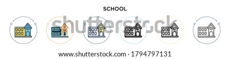 School icon in filled, thin line, outline and stroke style. Vector illustration of two colored and black school vector icons designs can be used for mobile, ui, web