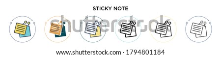 Sticky note icon in filled, thin line, outline and stroke style. Vector illustration of two colored and black sticky note vector icons designs can be used for mobile, ui, web