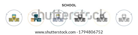 School icon in filled, thin line, outline and stroke style. Vector illustration of two colored and black school vector icons designs can be used for mobile, ui, web