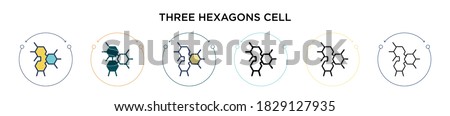 Three hexagons cell icon in filled, thin line, outline and stroke style. Vector illustration of two colored and black three hexagons cell vector icons designs can be used for mobile, ui, web