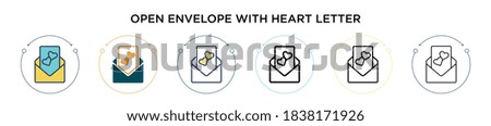 Open envelope with heart letter icon in filled, thin line, outline and stroke style. Vector illustration of two colored and black open envelope with heart letter vector icons designs can be used for 