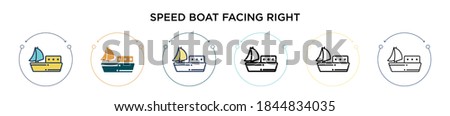 Speed boat facing right icon in filled, thin line, outline and stroke style. Vector illustration of two colored and black speed boat facing right vector icons designs can be used for mobile, ui, web