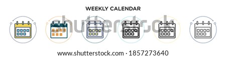 Weekly calendar icon in filled, thin line, outline and stroke style. Vector illustration of two colored and black weekly calendar vector icons designs can be used for mobile, ui, web
