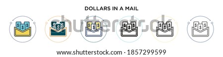 Dollars in a mail icon in filled, thin line, outline and stroke style. Vector illustration of two colored and black dollars in a mail vector icons designs can be used for mobile, ui, web