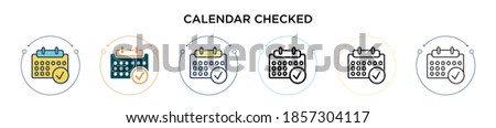 Calendar checked icon in filled, thin line, outline and stroke style. Vector illustration of two colored and black calendar checked vector icons designs can be used for mobile, ui, web