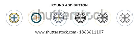 Round add button icon in filled, thin line, outline and stroke style. Vector illustration of two colored and black round add button vector icons designs can be used for mobile, ui, web