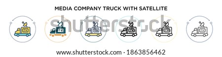 Media company truck with satellite icon in filled, thin line, outline and stroke style. Vector illustration of two colored and black media company truck with satellite vector icons designs can be