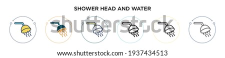 Shower head and water icon in filled, thin line, outline and stroke style. Vector illustration of two colored and black shower head and water vector icons designs can be used for mobile, ui, web