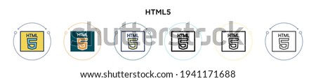 Html5 icon in filled, thin line, outline and stroke style. Vector illustration of two colored and black html5 vector icons designs can be used for mobile, ui, web