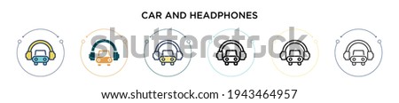 Car and headphones icon in filled, thin line, outline and stroke style. Vector illustration of two colored and black car and headphones vector icons designs can be used for mobile, ui, web