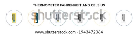 Thermometer fahrenheit and celsius icon in filled, thin line, outline and stroke style. Vector illustration of two colored and black thermometer fahrenheit and celsius vector icons designs can be