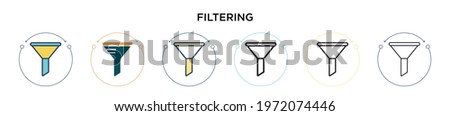 Filtering icon in filled, thin line, outline and stroke style. Vector illustration of two colored and black filtering vector icons designs can be used for mobile, ui, web