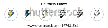 Lightning arrow icon in filled, thin line, outline and stroke style. Vector illustration of two colored and black lightning arrow vector icons designs can be used for mobile, ui, web