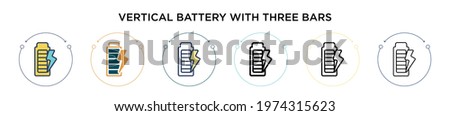 Vertical battery with three bars icon in filled, thin line, outline and stroke style. Vector illustration of two colored and black vertical battery with three bars vector icons designs can be used