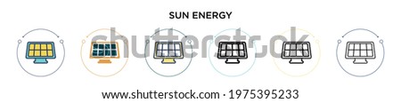 Sun energy icon in filled, thin line, outline and stroke style. Vector illustration of two colored and black sun energy vector icons designs can be used for mobile, ui, web