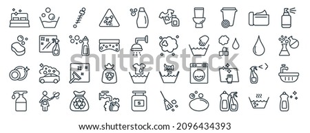 set of 40 flat cleaning web icons in line style such as washing, sponge, washing dishes, hand soap, liquid, spray, stain remover icons for report, presentation, diagram, web design