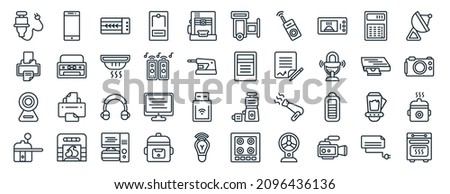 set of 40 flat electronic devices web icons in line style such as mobile phone, copier, webcam, pressure cooker, dvd player, satellite dish, trash compactor icons for report, presentation, diagram,