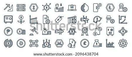 set of 40 flat cryptocurrency economy web icons in line style such as crypto records, strongbox, peso, dollar reload, anonymity, thief, e-business icons for report, presentation, diagram, web design