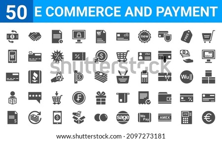 set of 50 e commerce and payment web icons. filled glyph icons such as euro,transaction,bills,broker,debit card,mobile shopping,trade,basket. vector illustration
