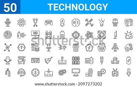 set of 50 technology web icons. outline thin line icons such as ecologic bulb,retro microphone,analysis process,big old microphone,interaction,radar sweep,ideas,file storage. vector illustration