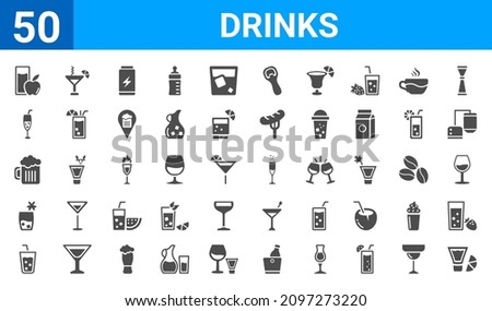 set of 50 drinks web icons. filled glyph icons such as pisco sour,fruit juice,beverage,caipiroska,beer mug,ramos gin fizz,blue lagoon,champagne. vector illustration