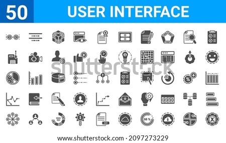 set of 50 user interface web icons. filled glyph icons such as bad tings,width,data analytics wheel,multiple variable bars data,pie with four areas,save,justify,rule. vector illustration