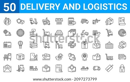 set of 50 delivery and logistics web icons. outline thin line icons such as duty free,worldwide delivery,air mail,delivery x ray,delivery schedule,worldwide,logistic protection,delivery containers.