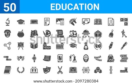 set of 50 education web icons. filled glyph icons such as shoe,microscope,law,sash,alphabet,quasimodo,graduation hat,mortarboard. vector illustration