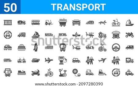 set of 50 transport web icons. filled glyph icons such as car with luggage,crate,frontal bus,road caravan,terrain vehicle,null,water carrier,chopper. vector illustration