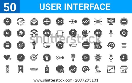 set of 50 user interface web icons. filled glyph icons such as store,lightning,sand clock,favourite,side menu,forward,pic,desactivate. vector illustration