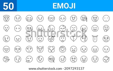set of 50 emoji web icons. outline thin line icons such as love emoji,smiling  with halo emoji,lying emoji,in love emoji,cry emoji,shushing emoji,sad emoji,puking emoji. vector illustration