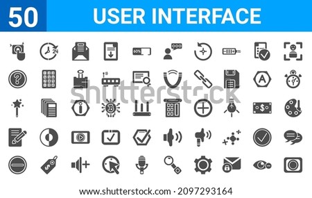 set of 50 user interface web icons. filled glyph icons such as square stop button,alarm button,rounded delete button with minus,edit button,magic wand button,round help button,hours,offices. vector