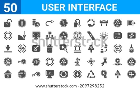 set of 50 user interface web icons. filled glyph icons such as sketched arrow,export button,house value,cpap 81,big download arrow,refresh page arrow button,round right arrow,up side. vector