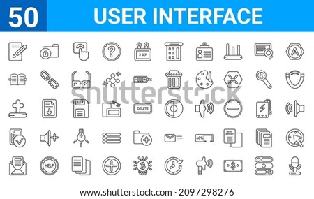 set of 50 user interface web icons. outline thin line icons such as voice message microphone button,edit button,letter envelope,form,cross,open diary,unlock folder,hue circle. vector illustration