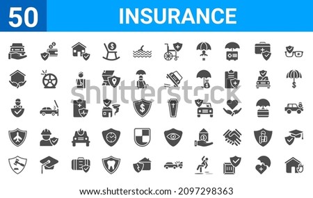 set of 50 insurance web icons. filled glyph icons such as house on fire,transport insurance,legal expenses,air travel insurance,insurance agent,family house,deposit insurance,coffin. vector