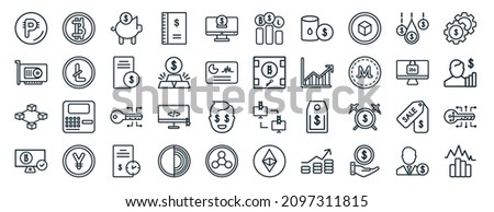 set of 40 flat cryptocurrency web icons in line style such as bitcoins, vga card, blockchain, bitcoin accepted, sha 2, economy gear, stocks icons for report, presentation, diagram, web design
