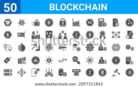 set of 50 blockchain web icons. filled glyph icons such as dash,nem,crypto records,dollar tag,peer to peer,bitcoin accepted,bitcoin,anonymity. vector illustration