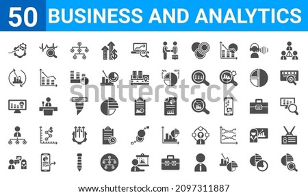 set of 50 business and analytics web icons. filled glyph icons such as data analysis pie chart,ting flow interface,consulting,department head,data analytics,synchronization,sine waves