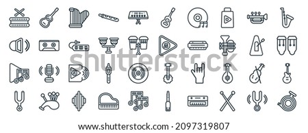 set of 40 flat music web icons in line style such as guitar, volume, music, diapason, metronome, saxophone, acoustic icons for report, presentation, diagram, web design
