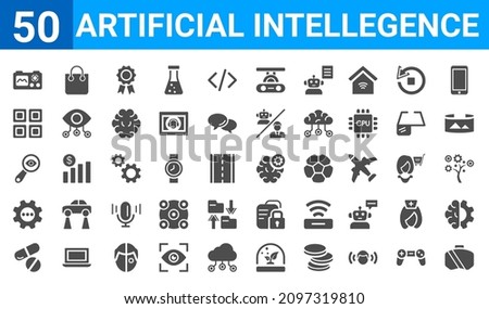 set of 50 artificial intellegence web icons. filled glyph icons such as oculus rift,nano sensor,medicine,processing,detection,ai grid,shopping bag,unsupervised learning. vector illustration