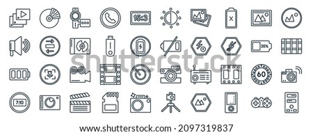 set of 40 flat electronic stuff fill web icons in line style such as quarter, speaker, full battery, camera small screen size, battery almost full, scenic, brightness option icons for report,