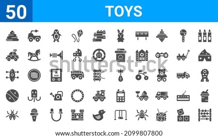 set of 50 toys web icons. filled glyph icons such as abacus toy,pyramid toy,ladybug toy,beach ball toy,skate toy,car toy,ride on toy,guitar toy. vector illustration