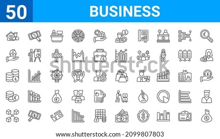 set of 50 business web icons. outline thin line icons such as pounds money bag,mortgage and man,connection box chart,euro coins stack,pounds coins stack,real estate business house on a hand,dollar