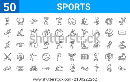 set of 50 sports web icons. outline thin line icons such as drift car,baseball player with bat,flying shoes,saber,boy with skatingboard,man sprinting,two boxing gloves,dancer motion. vector