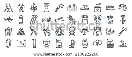 set of 40 flat camping web icons in line style such as marshmallow, rafting, lodge, carabiner, gas, log, map icons for report, presentation, diagram, web design
